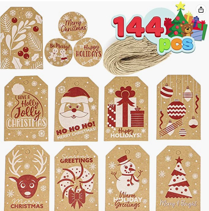 144+Pcs+Assorted+Kraft+Paper+Gift+Tags+with+Prints+for+Christmas+Gift+Wrapper+Labels+DIY+Arts+and+Crafts+with+47.25+Feet+Twine