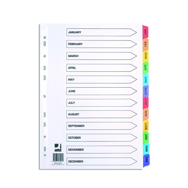 A4+Multi-Punched+Index+Dividers+Jan-Dec+Multi-Colour+Tabs